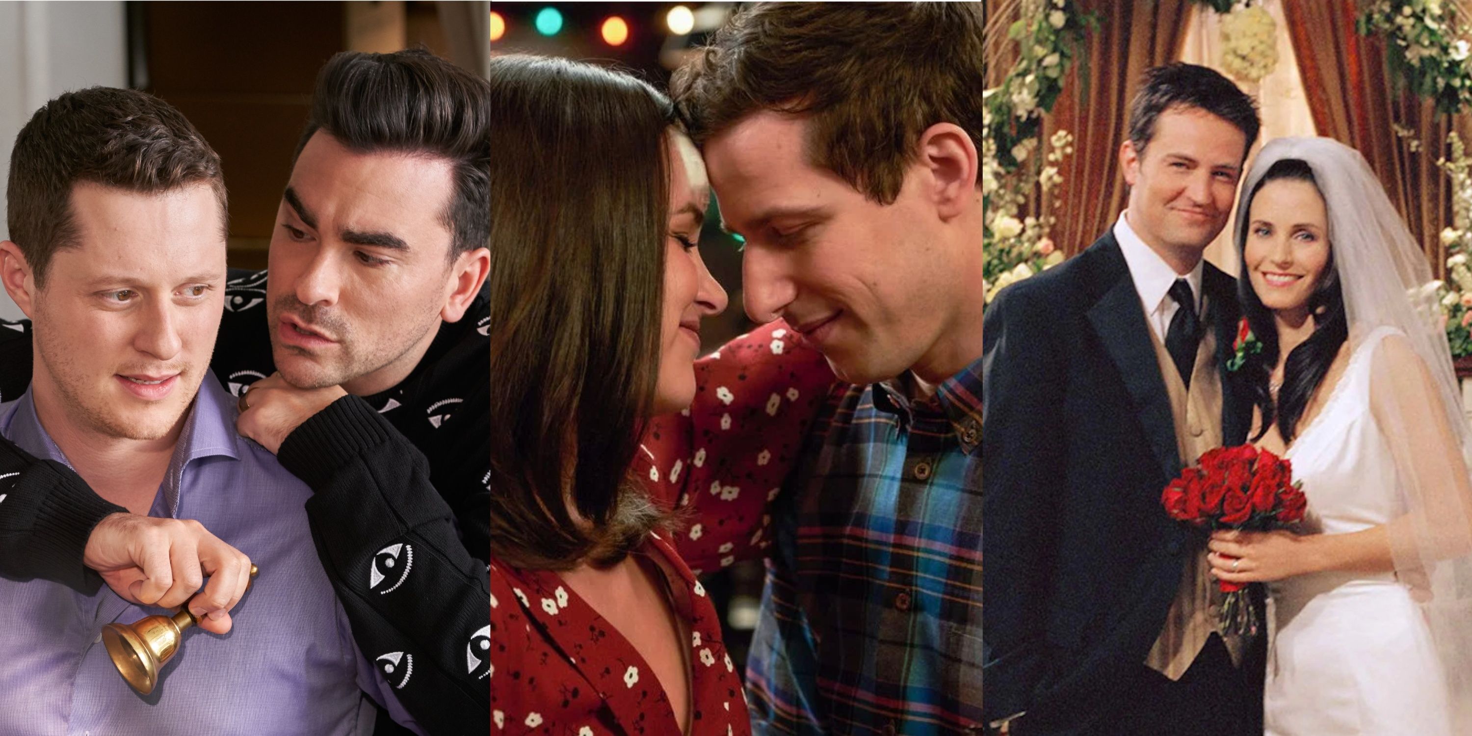 David and Patrick in Schitt's Creek, Jake and Amy embrace in Brooklyn Nine Nine, Monica and Chandler on their wedding day in Friends.