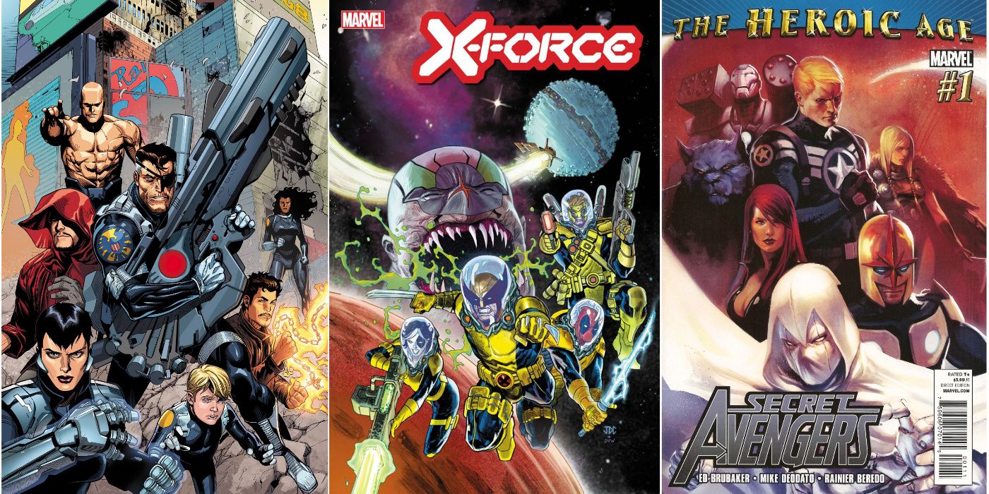 A split image of the Secret Warrior, X-Force, and Secret Avengers from Marvel Comics