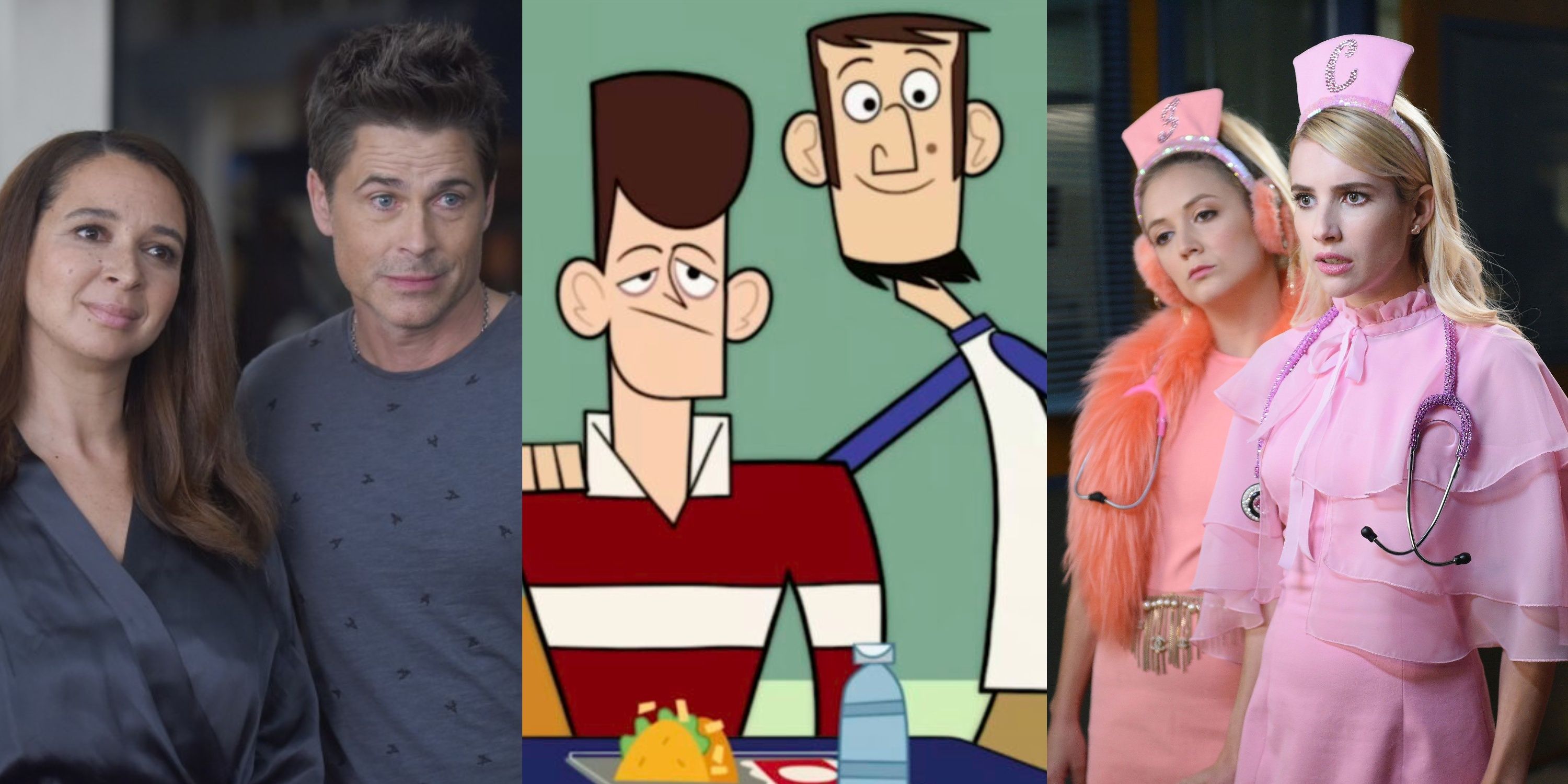 Split image of Jilian & Dean (The Grinder), JFK & Abe (Clone High), and Chanel 1 & 3 (Scream Queens)
