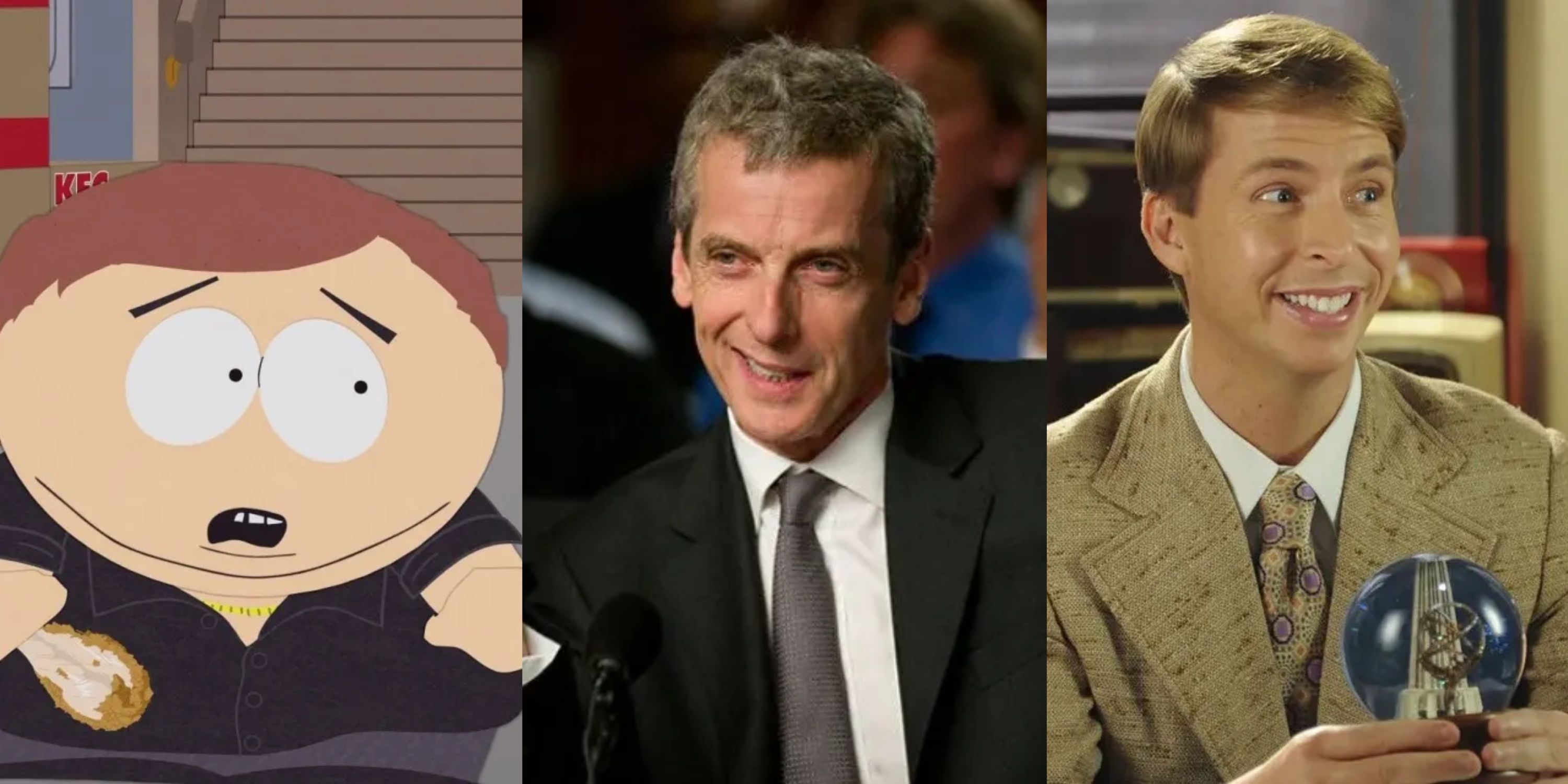 Split image Eric Cartman, Malcolm Tucker and Kenneth Parcell
