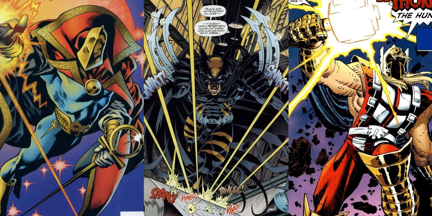 A split image of Doctor Strangefate, DarkClaw, and Thorion from Marvel and DC's Amalgam comics