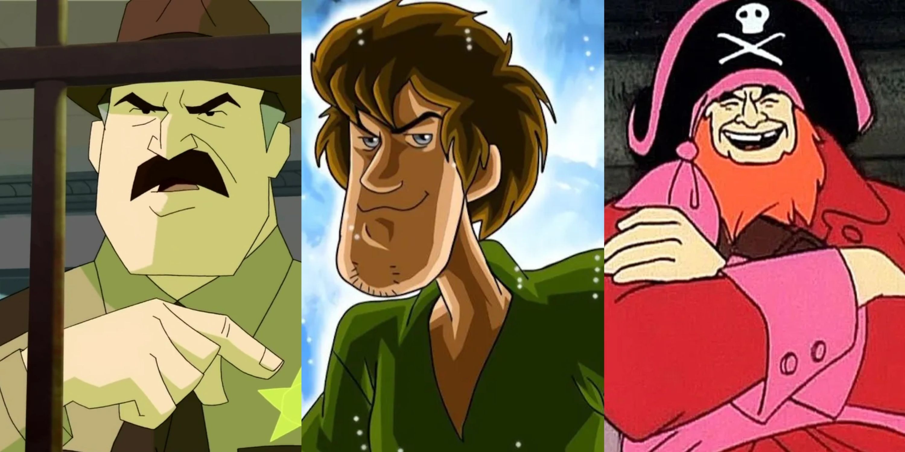 Split image Sheriff Stone, Shaggy Rogers, Captain Red Beard in Scooby-Doo cartoons
