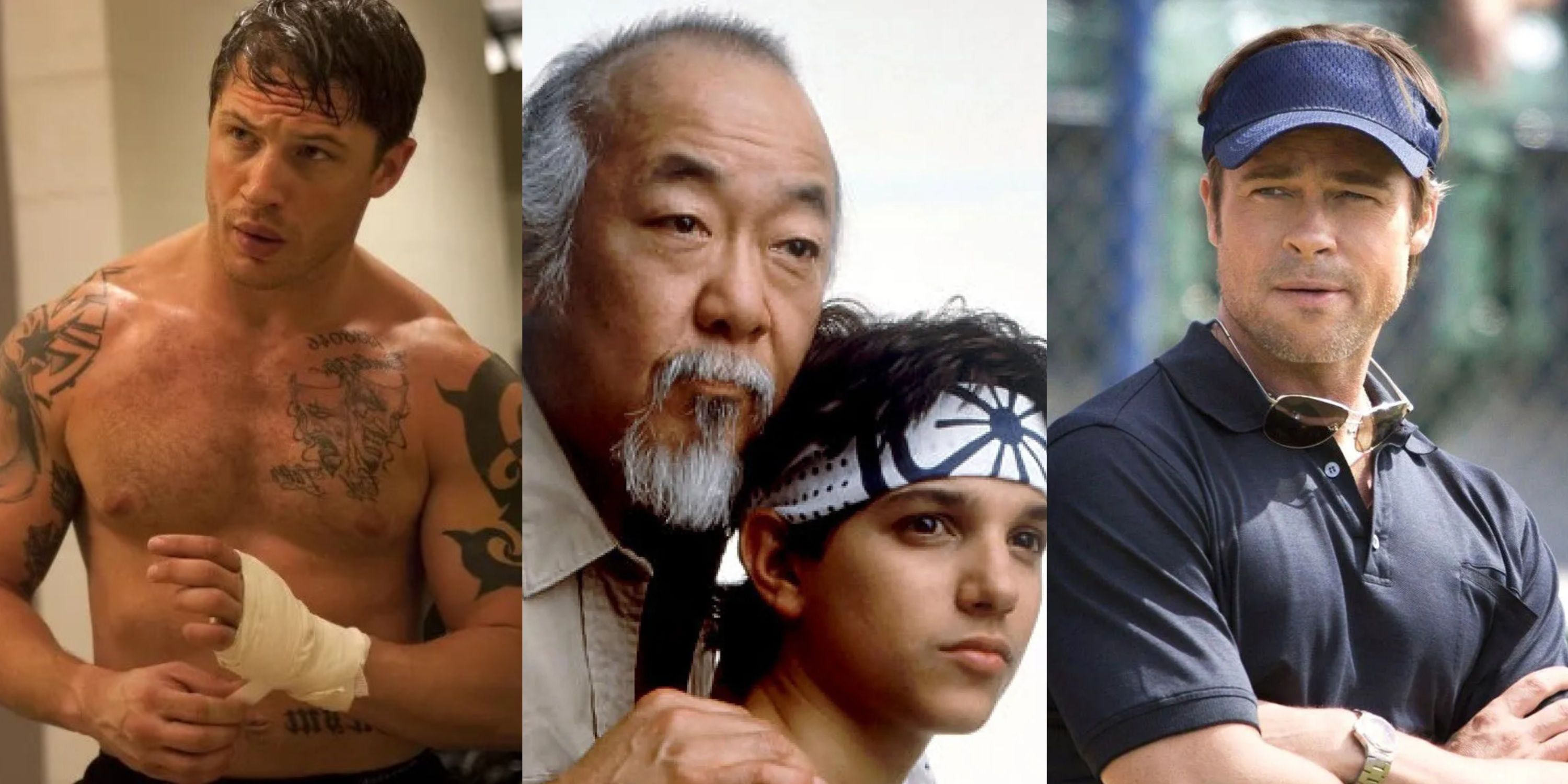 Split image Tom Hardy in Warrior, Mr Miyagi and Daniel Laruso, Brad Pitt in Moneyball