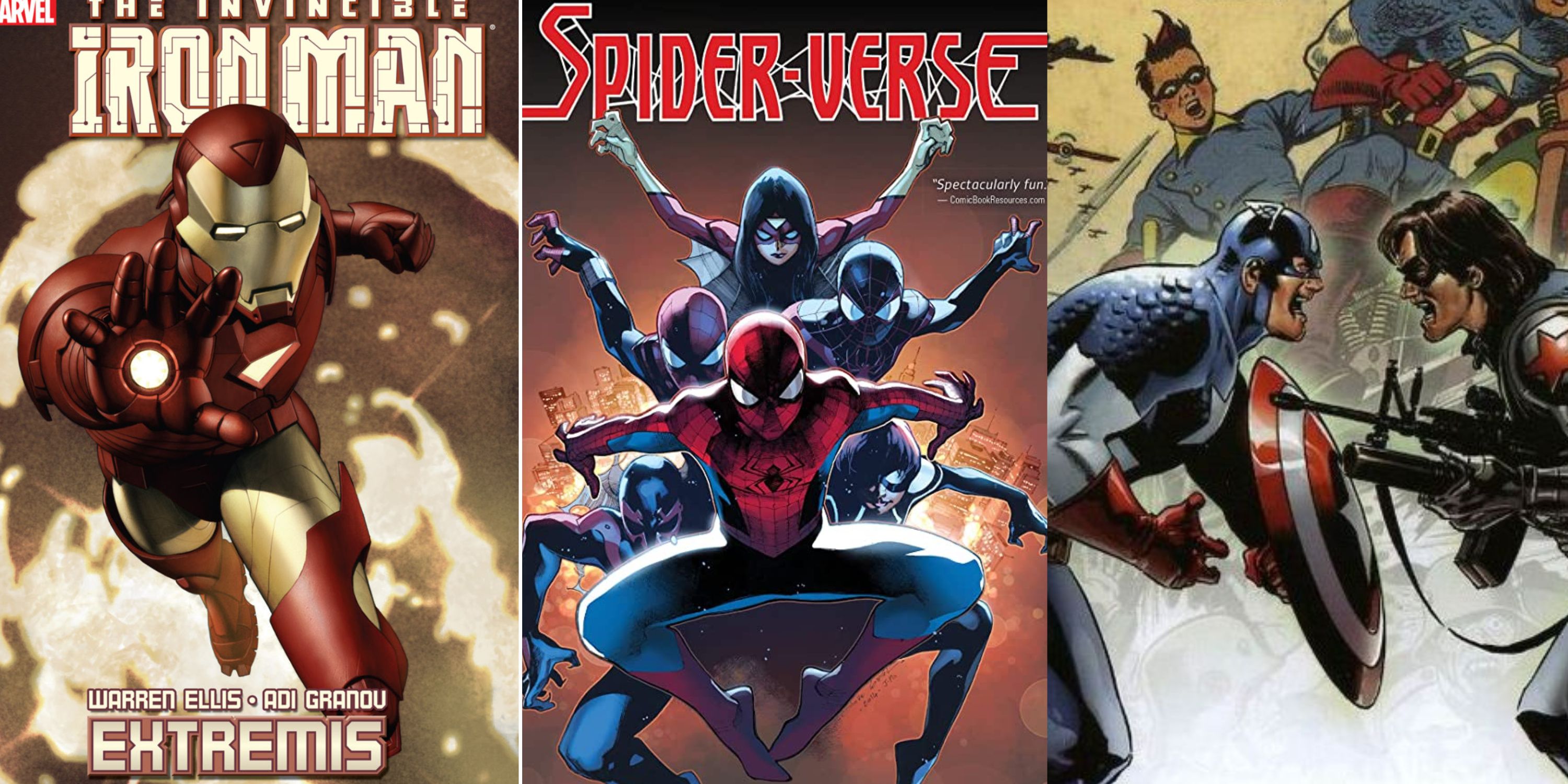 A split image of Iron Man: Extremis, Spider-Verse, Captain America: Winter Soldier from Marvel Comics