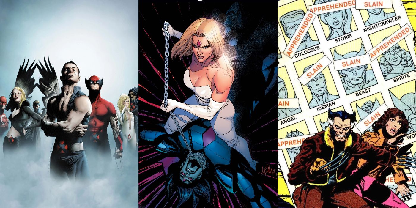A split image of the Dark X-Men, Emma Sinister, and the X-Men of Days Of Future Past from Marvel Comics