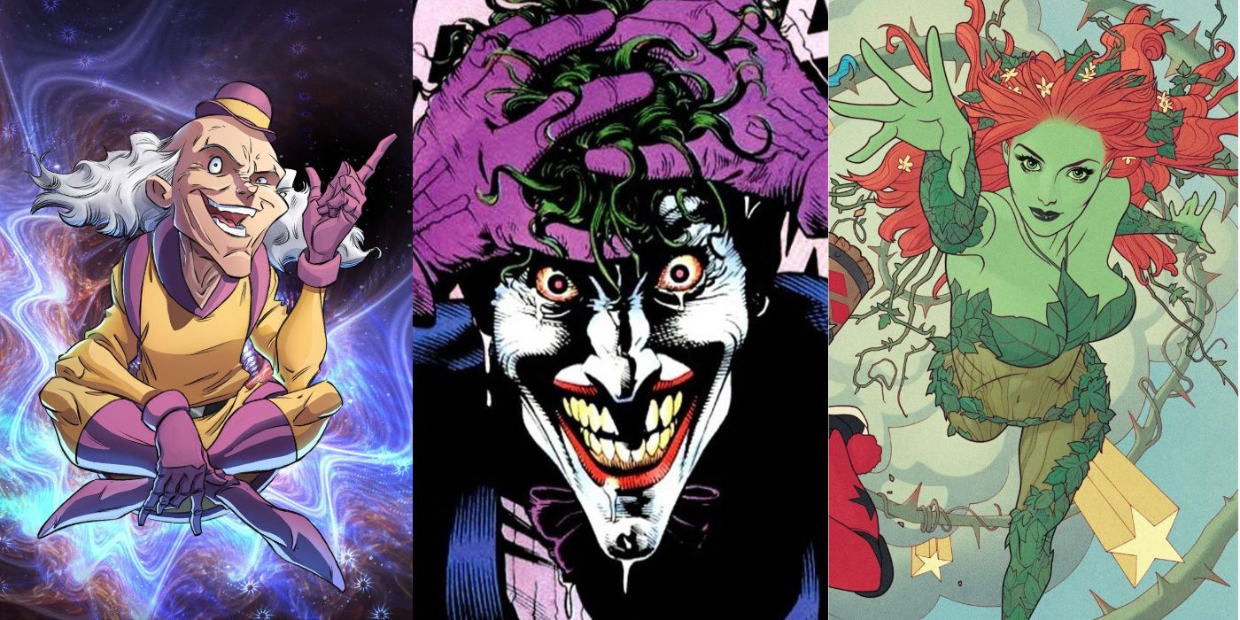A split image of Mr. Mxyzptlk, Joker, and Poison Ivy from DC Comics