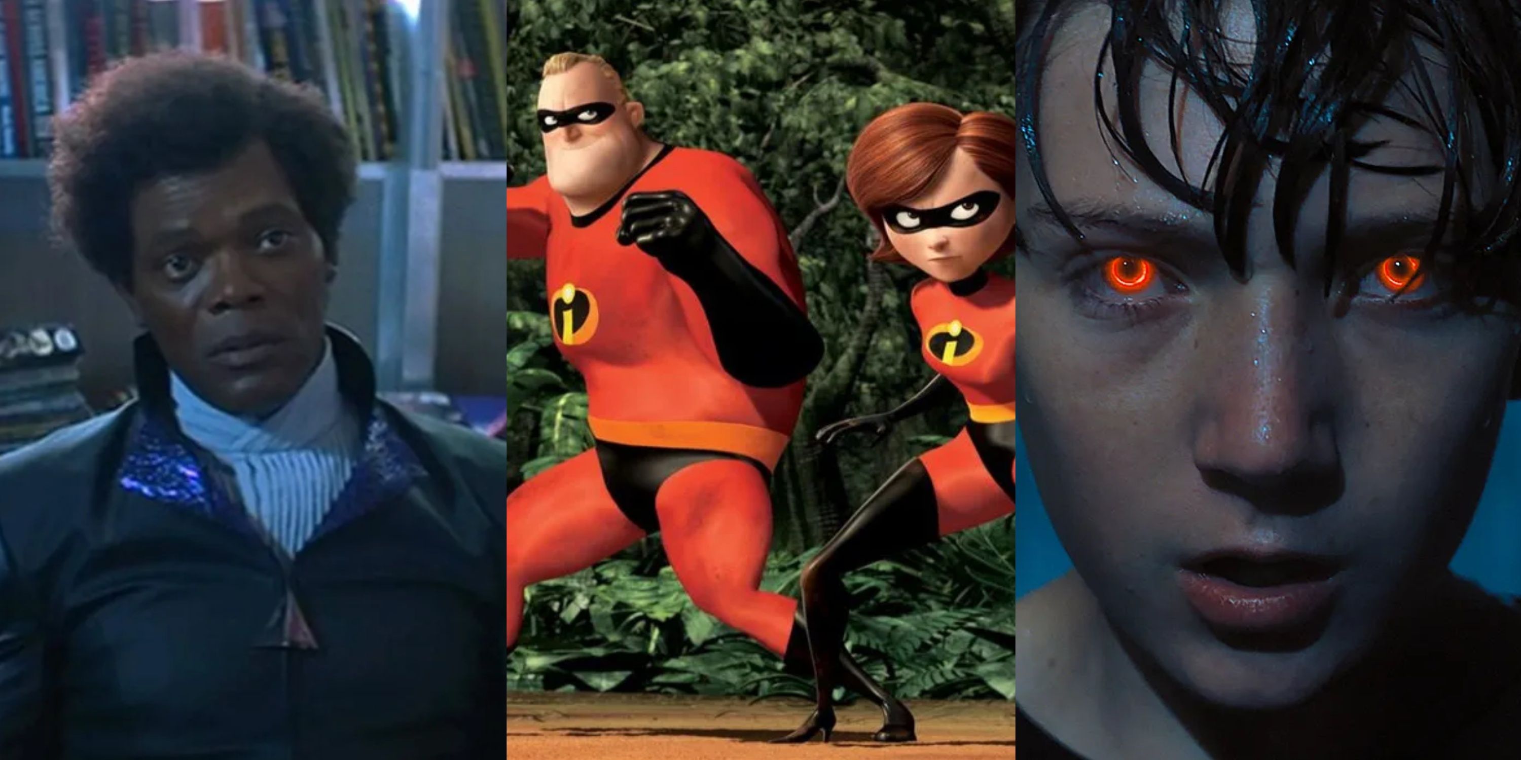 Split image Elijah Price Mr Glass, Mr and Mrs Incredible, Brandon in Brightburn