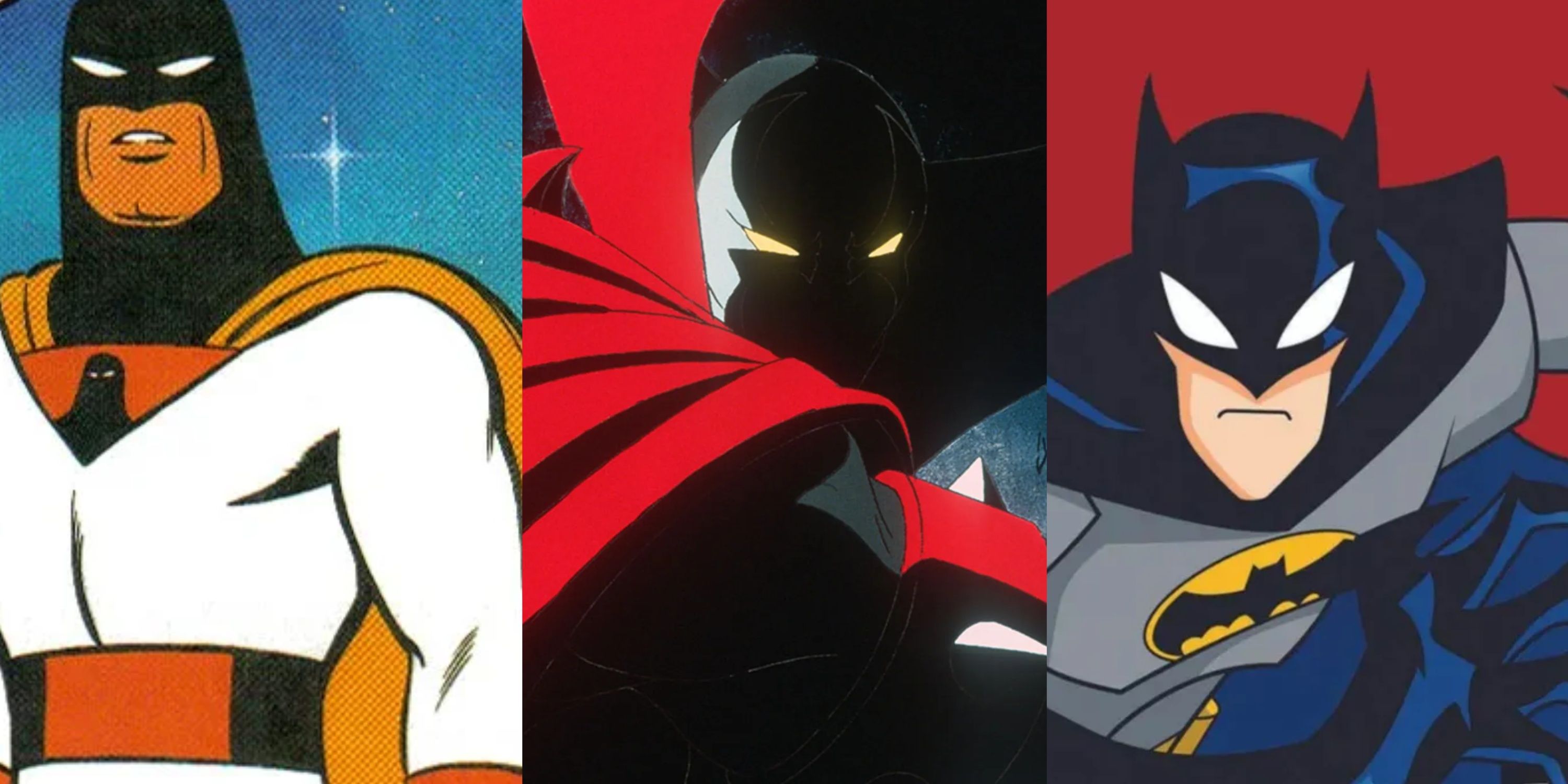 Split image Space Ghost, Spawn, The Batman 2004 animated superhero shows