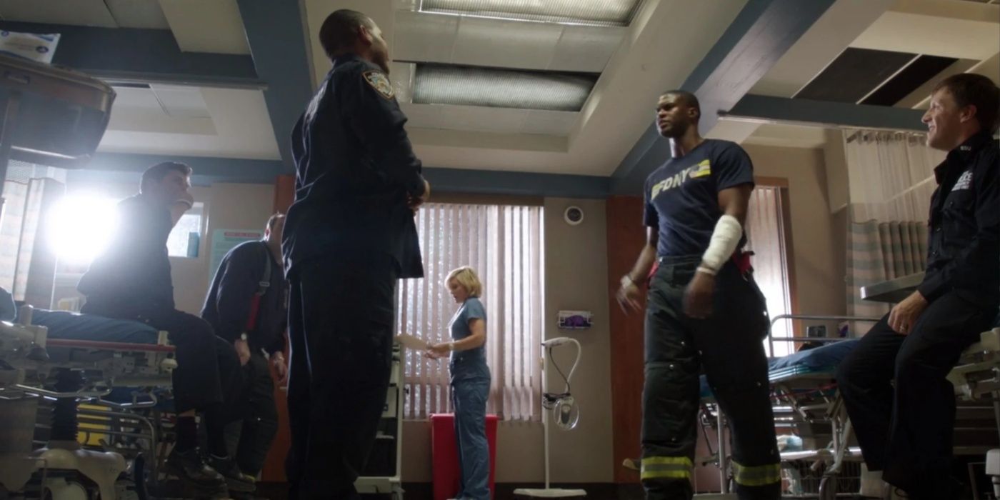 Police officers and fire fighters in the ER on Blue Bloods.