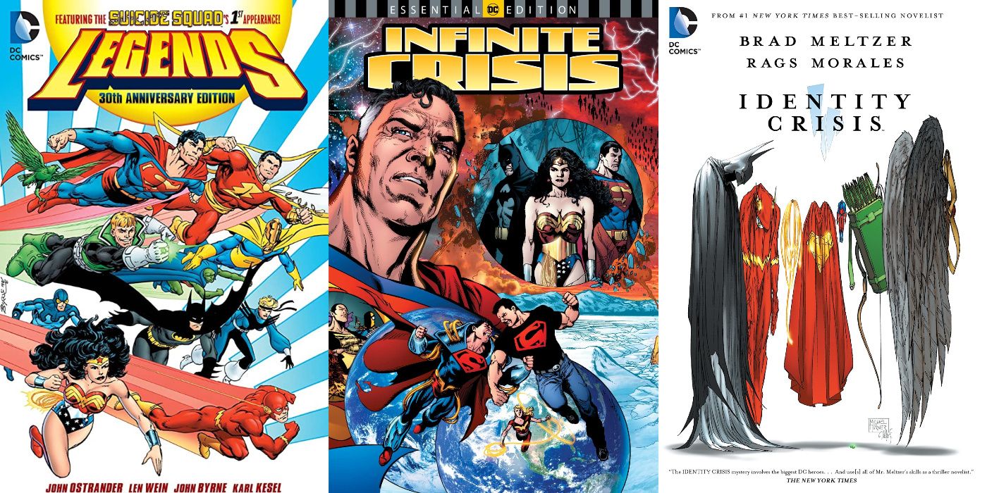 A split image of Legends, Infinite Crisis, and Identity Crisis from DC Comics