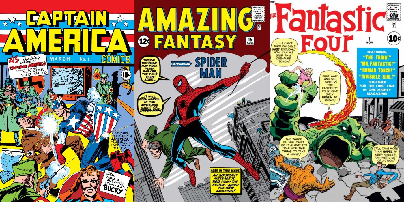 A split images of the covers Captain America Comics #1, Amazing Fantasy #15, and Fantastic Four #1 from Marvel Comics