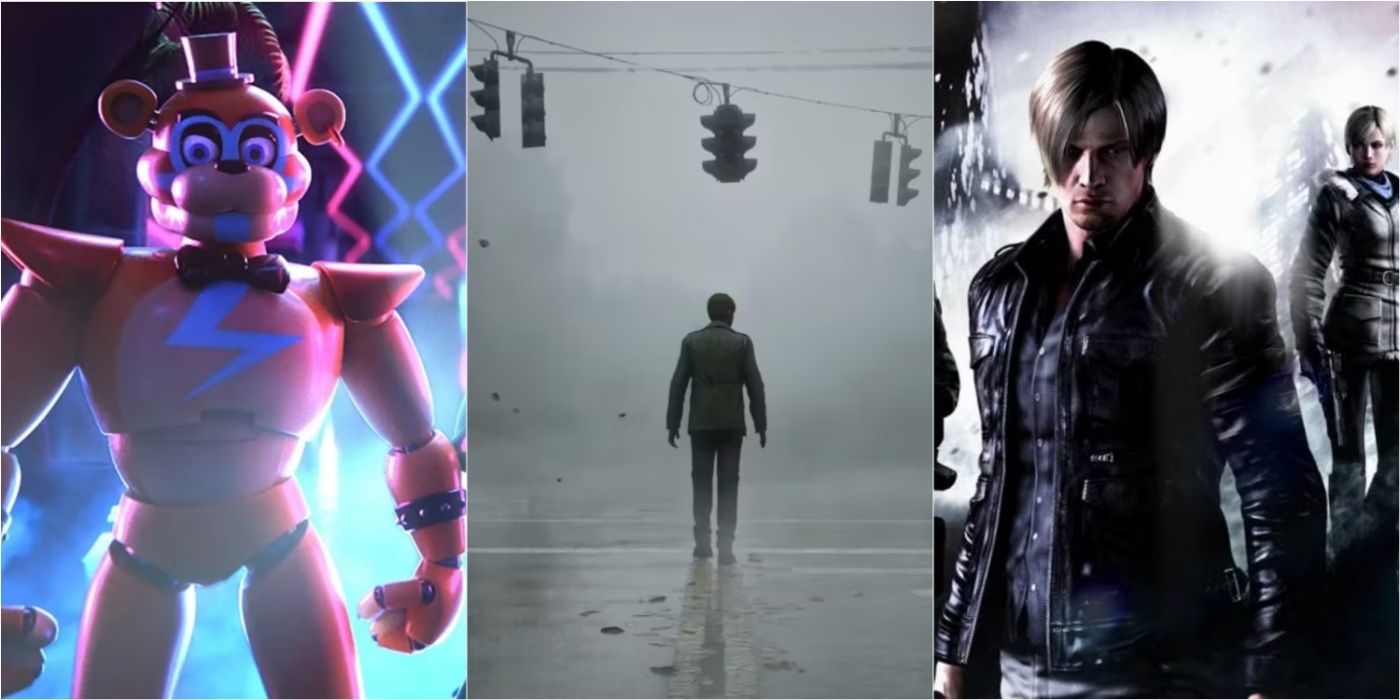 A collage of Five Nights At Freddy's: Security Breach, Silent Hill 2 remake, and Resident Evil 6
