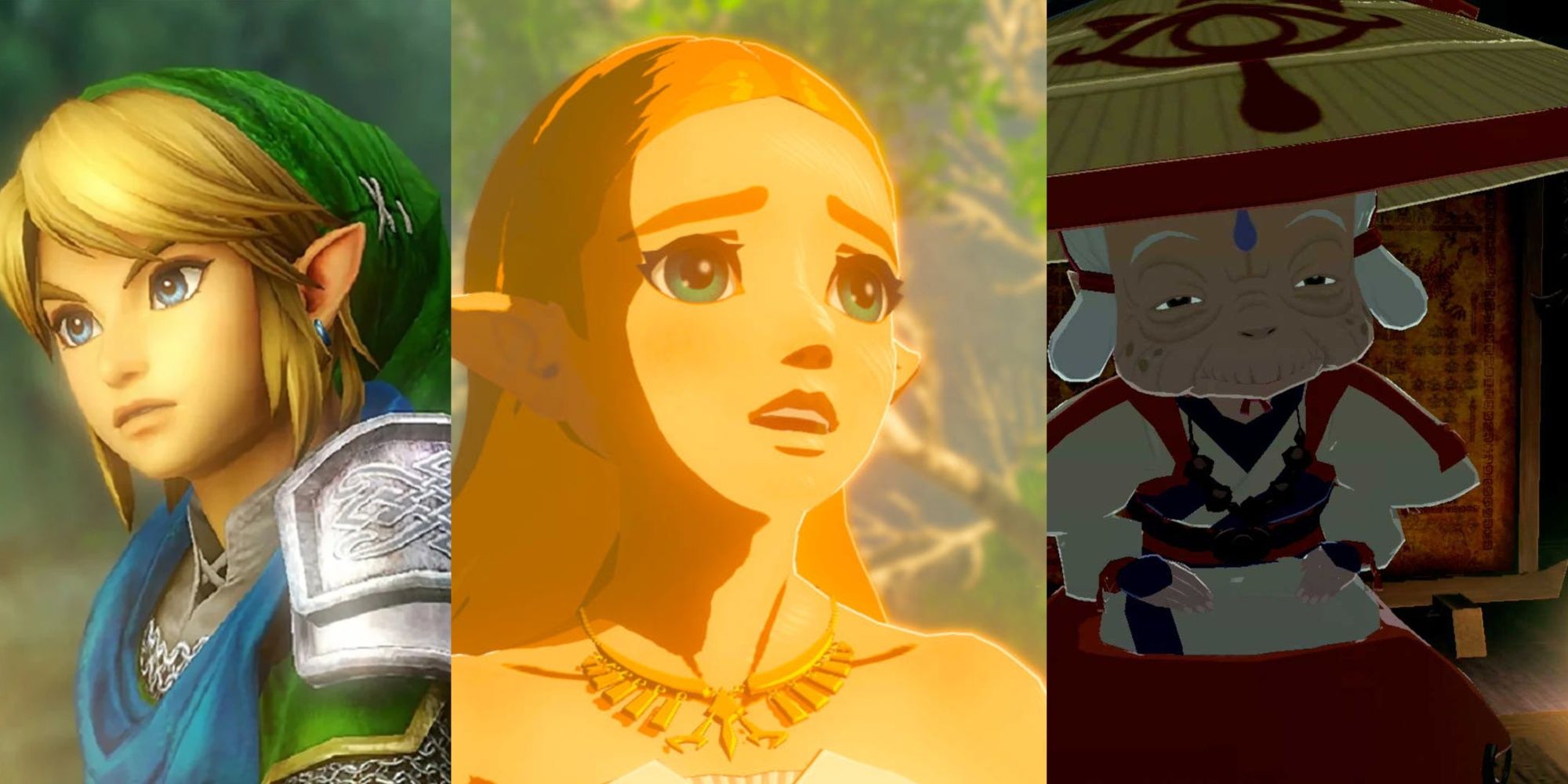 Split image Link, Zelda, and Impa in Breath of the Wild