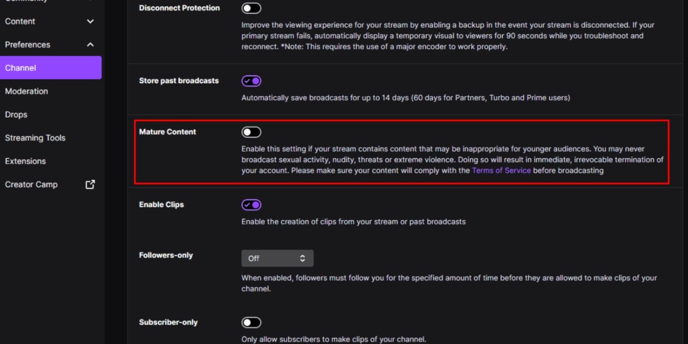 Configurações do Twitch destacando a opção de conteúdo adulto