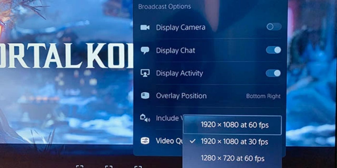 Menu suspenso de configuração de transmissão ao vivo do PS5 mostrando o tamanho da tela