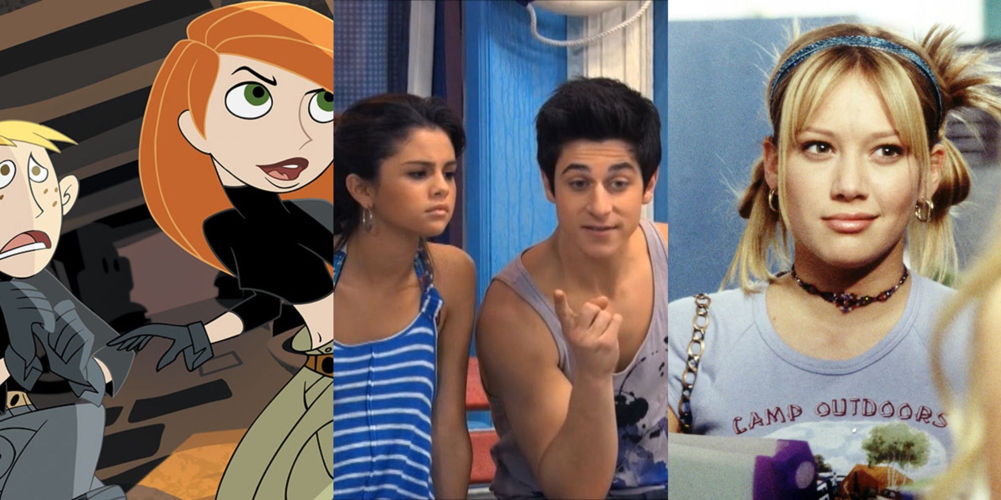 Split Image of Kim Possible and Ron Stoppable in a cave, Alex Russo and Justin Russo, Lizzie McGuire