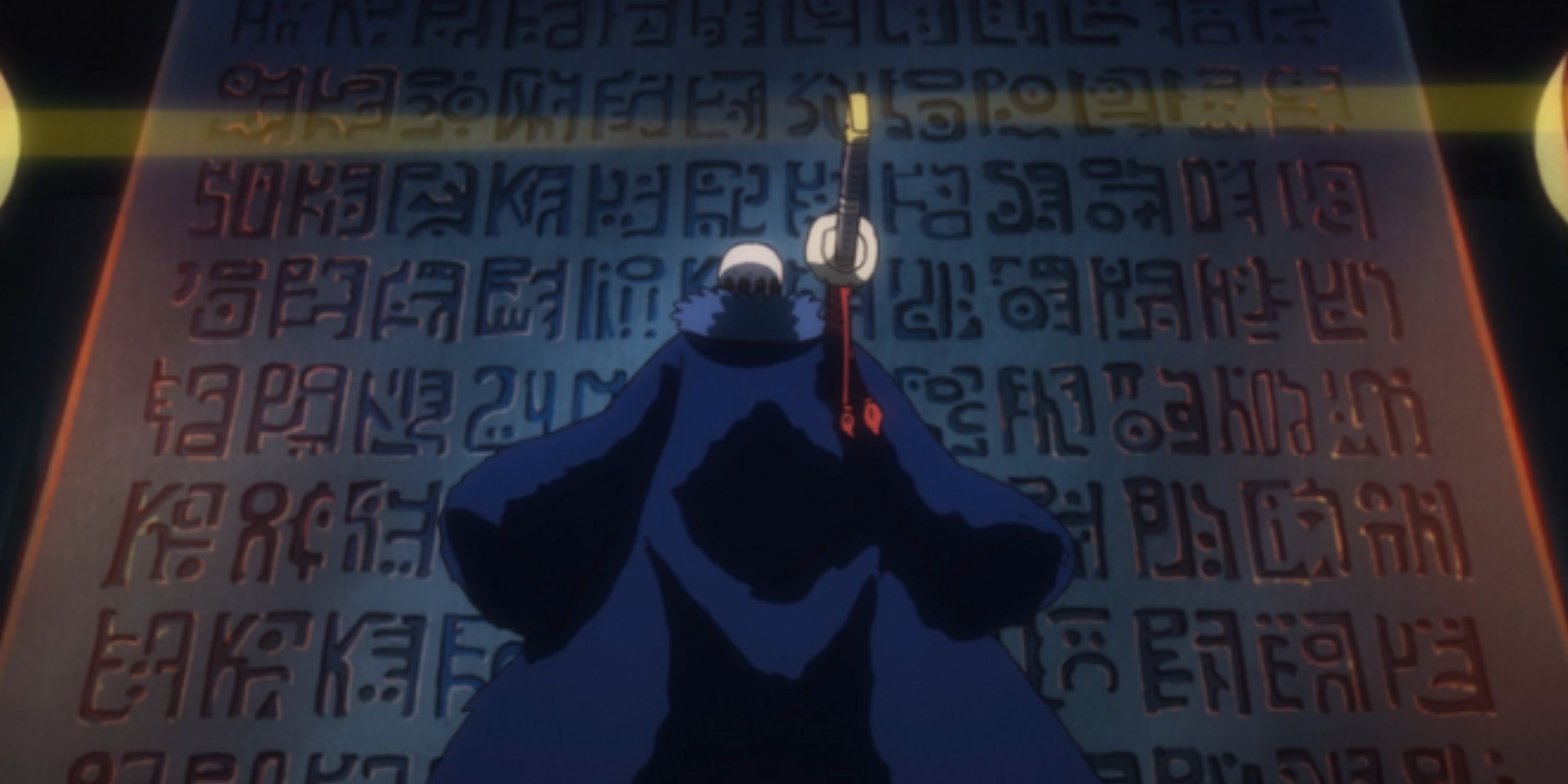 Trafalgar D. Water Law, capitão dos Piratas Heart, descobrindo o Poneglyph de Kaido durante o arco Wano Country de One Piece