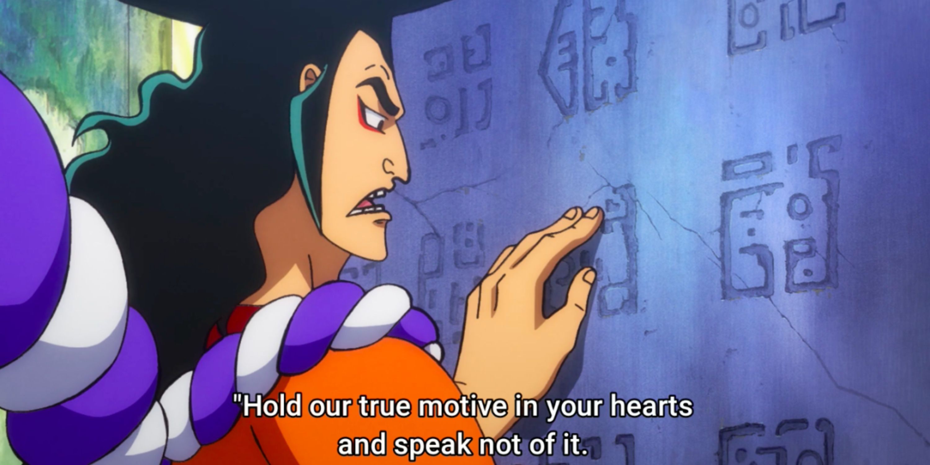 Kozuki Oden lendo um Poneglyph como parte dos Roger Pirates durante um flashback de One Piece