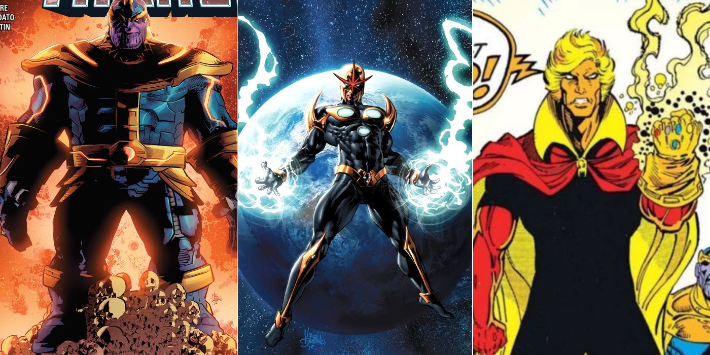 A split image of Thanos, Nova, and Adam Warlock from Marvel Comics