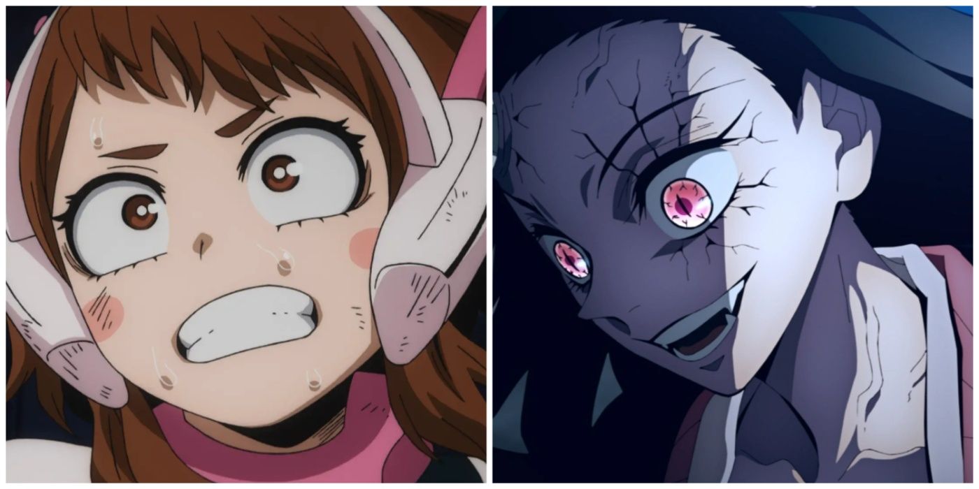 split image of Uraraka and Nezuko from MHA and Demon Slayer