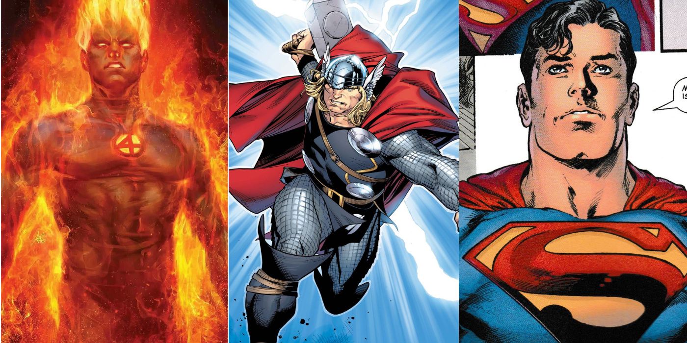 A split image of Human Torch, Thor, and Superman from Marvel and DC Comics