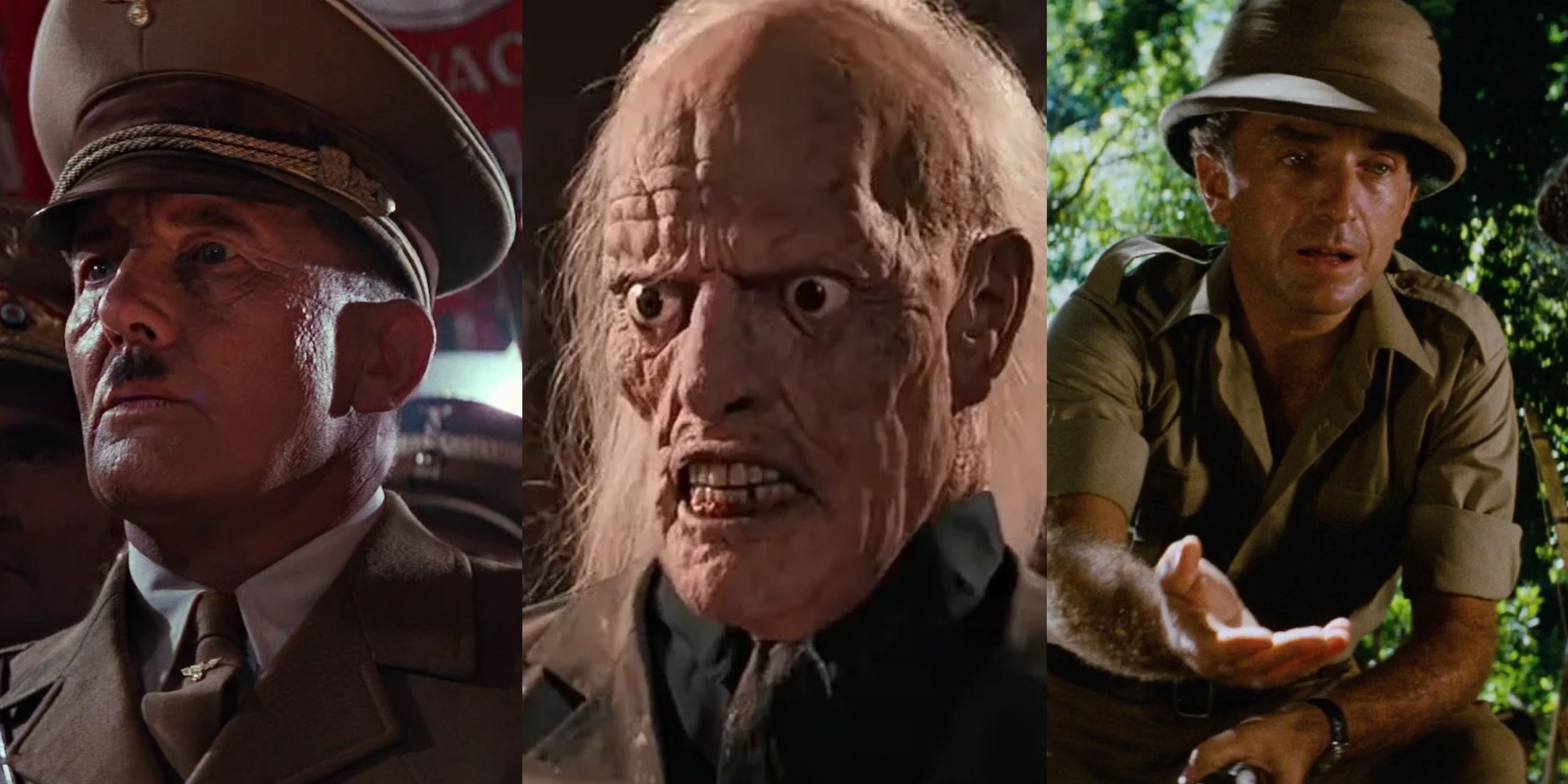 Split image Hitler, Walter Donovan aged, and Belloq from Indiana Jones.