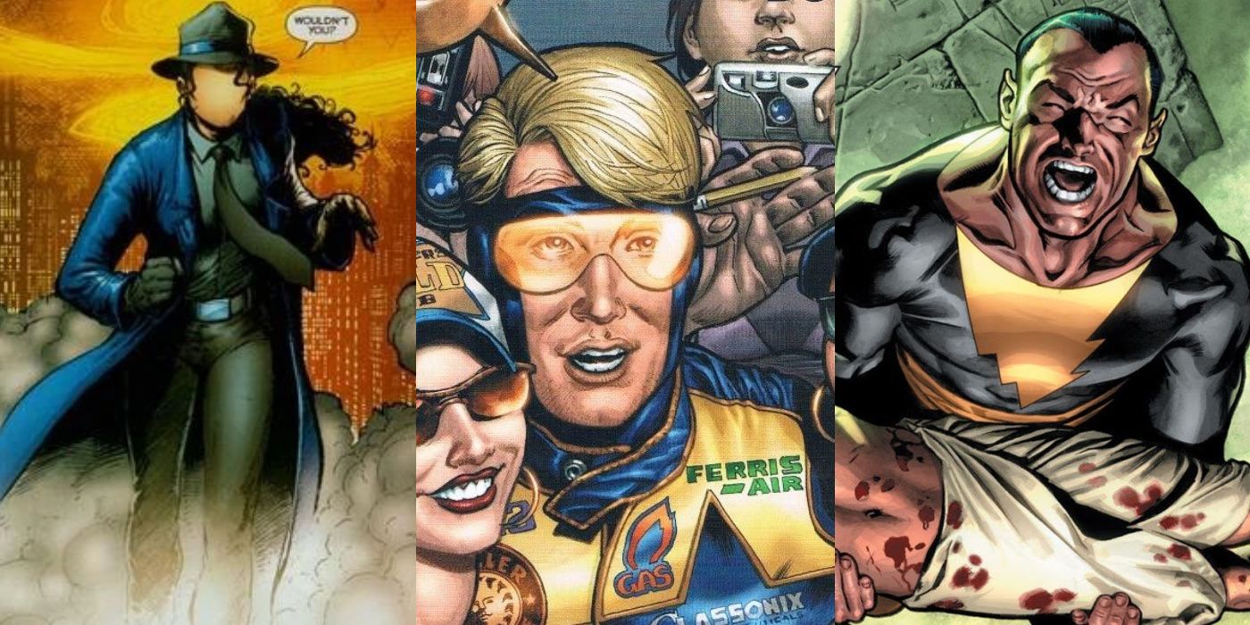 A split image of Renee Montoya as the Question, Booster Gold, and Black Adam from DC Comics' 52