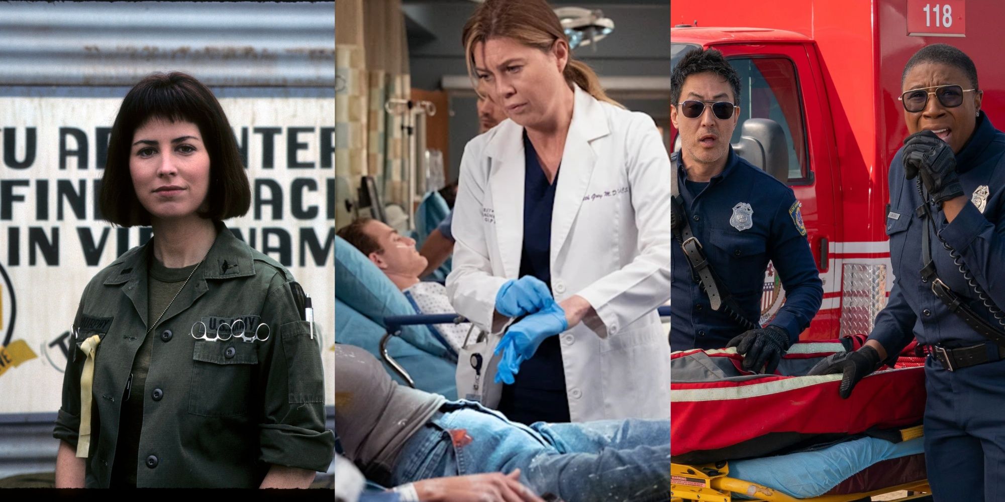Split Image Colleen From China Beach, Ellen Pompayo in Grey's Anatomy, Bobby and Hen in 9-1-1 responding to a call