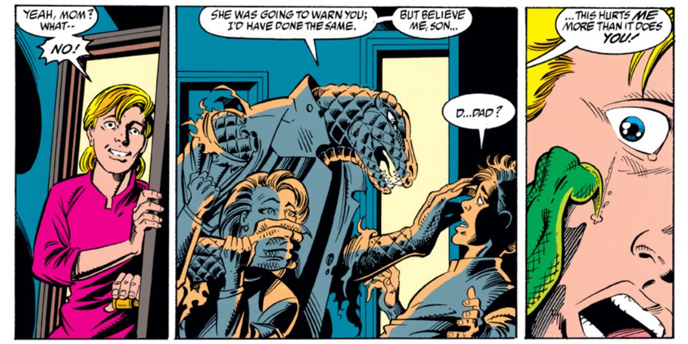 Comic panel from Amazing Spider-Man showing Lizard interacting with Martha and Billy Connors