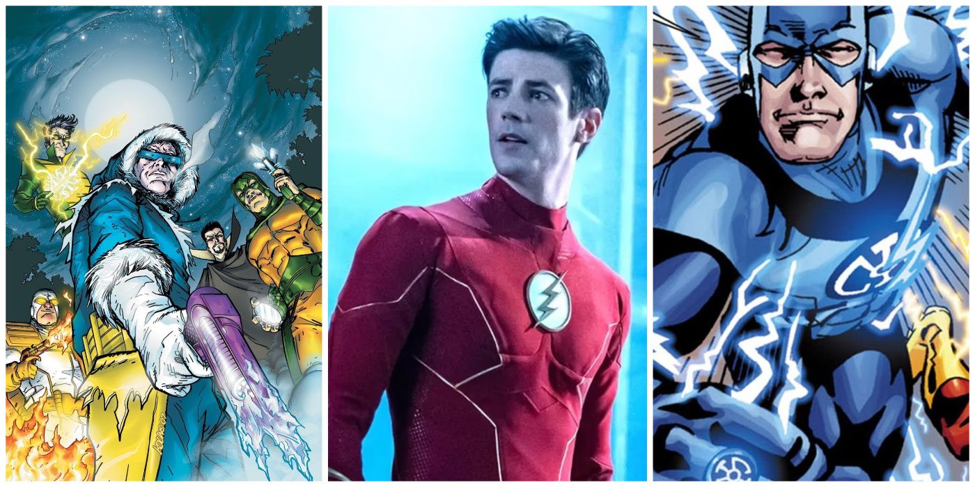 Split Image of Grant Gustin's Flash and the Rogues and Blue Lantern Flash from DC Comics