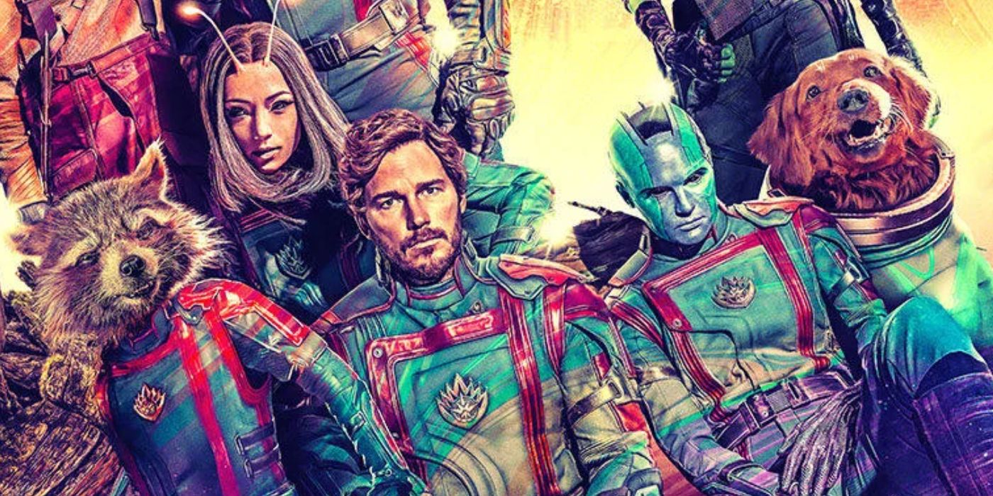 The cast of Guardians of the Galaxy Vol. 3 featuring Cosmo the Space Dog 