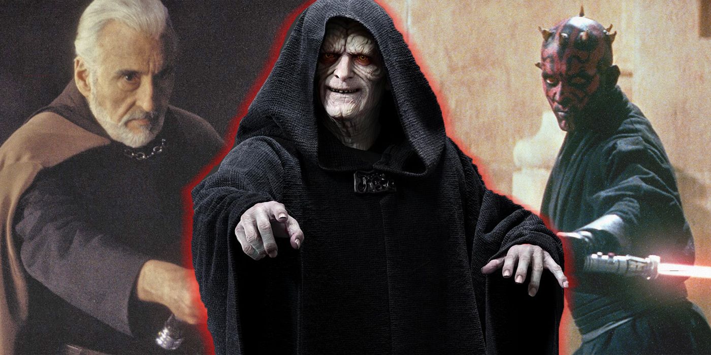 Darth Sidious in front of images of Darth Maul and Count Dooku.