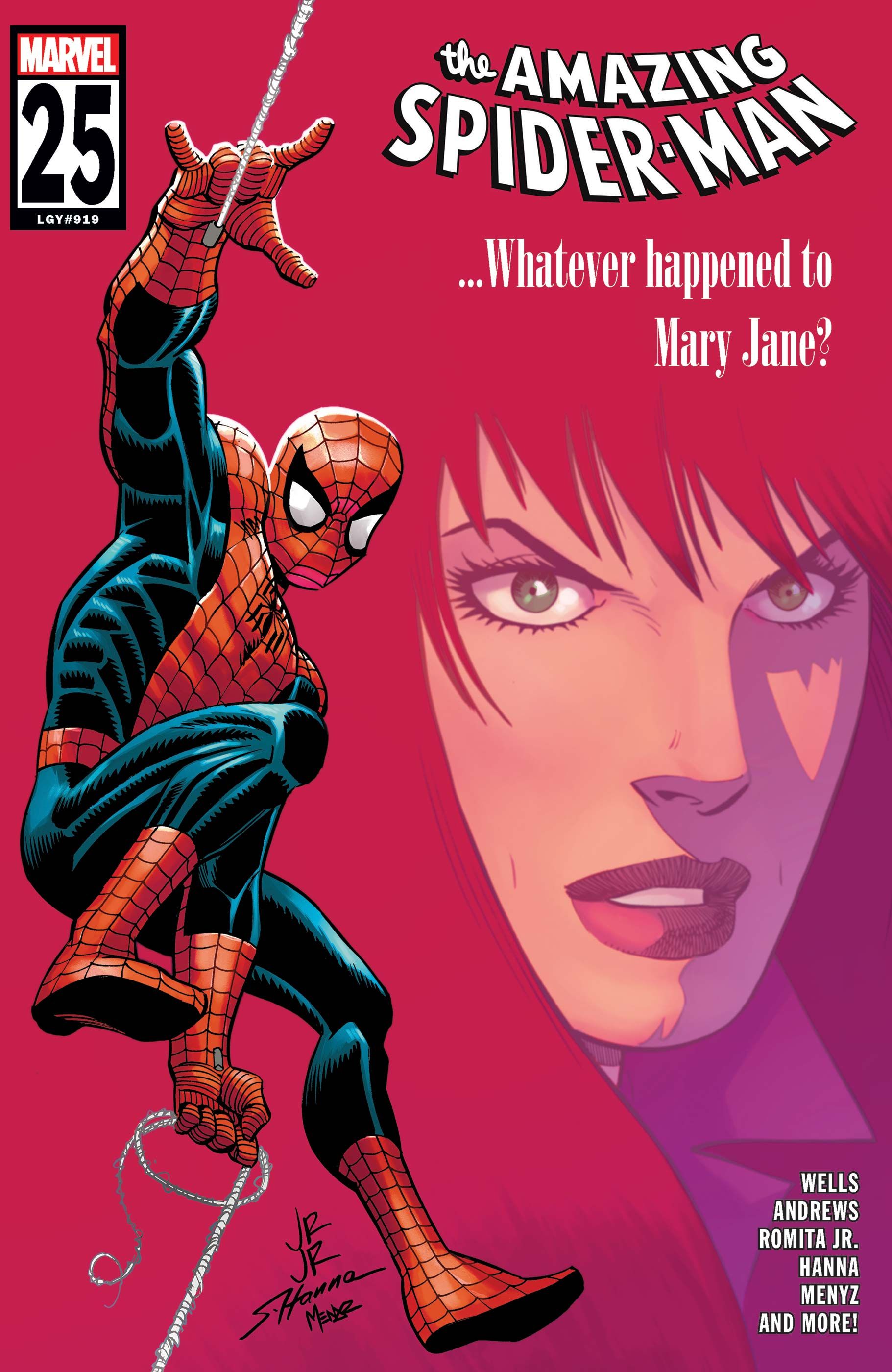 Cover A of Amazing Spider-Man #25 with Spider-Man swinging across the cover with Mary Jane in the background.