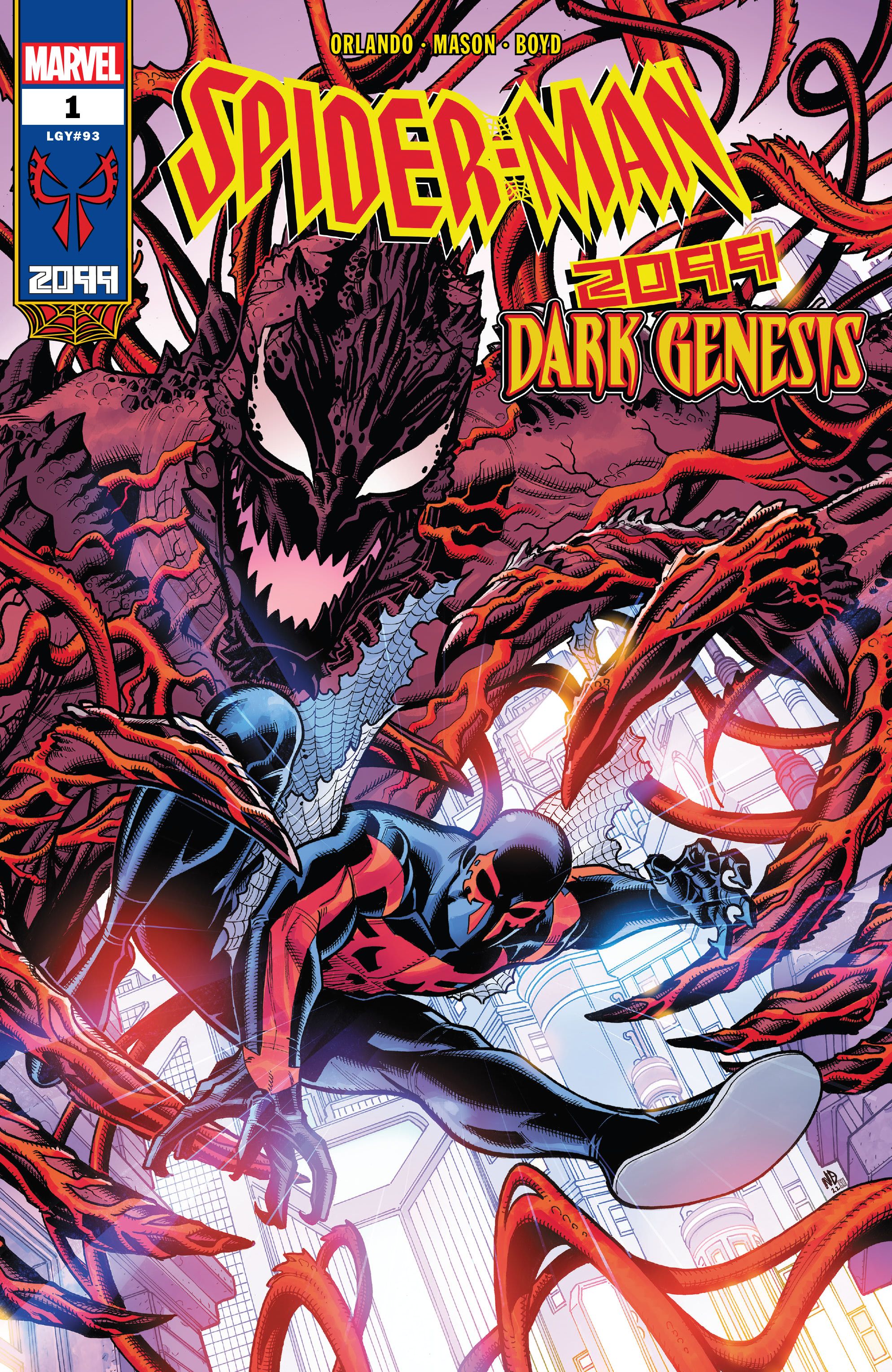Cover A of Spider-Man 2099 Dark Genesis #1 featuring an enlarged Carnage grabbing Spider-Man 2099 with his claws