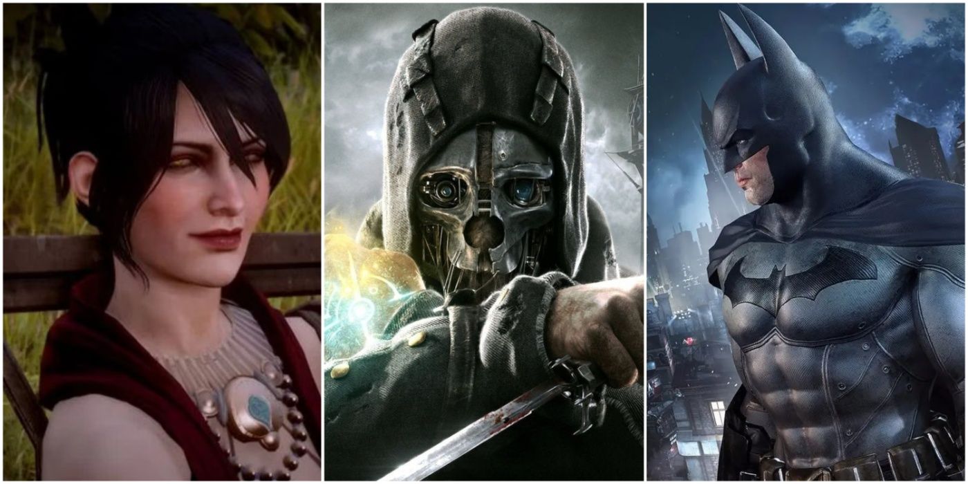 A split image showing Morrigan from Dragon Age, Corvo Attano from Dishonored, and Batman in Batman: Arkham City