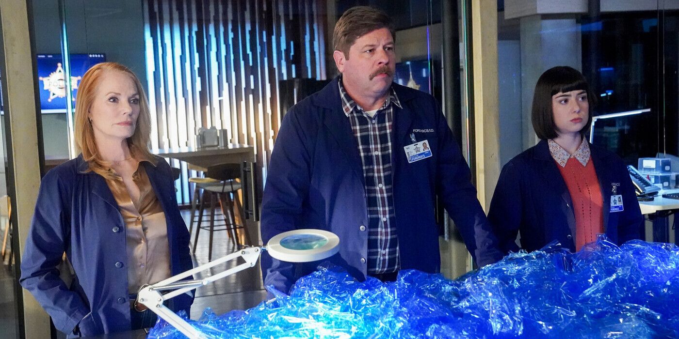 CSI: Vegas Catherine, Beau and Penny stand in lab coats in front of a pile of blue shrink wrap