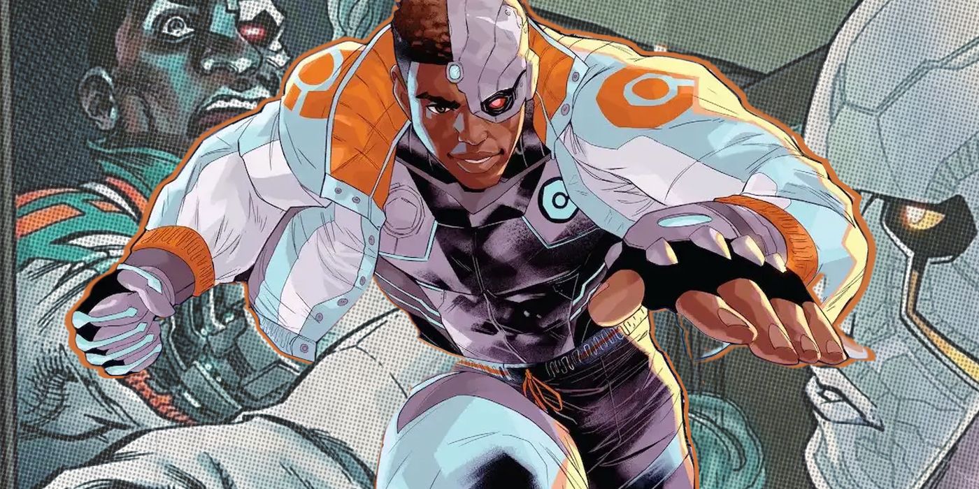 Cyborg white and orange jacket and Silas behind him