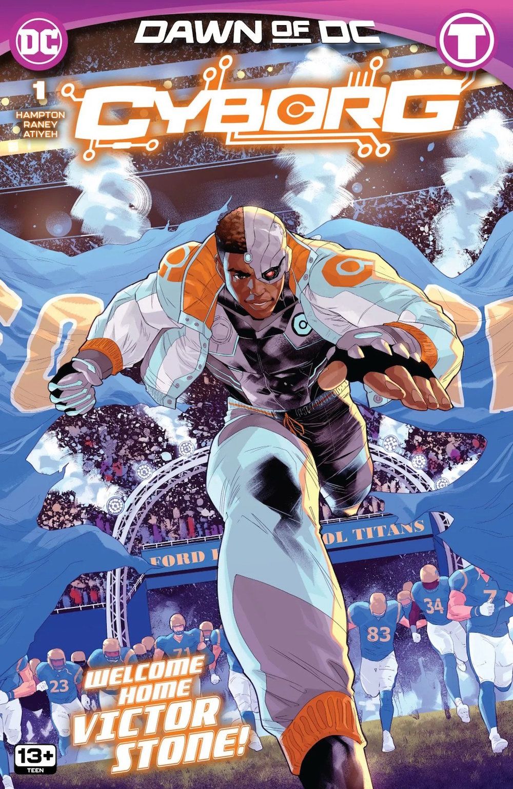 Cyborg runs in front of a soccer team on the cover of Cyborg #1
