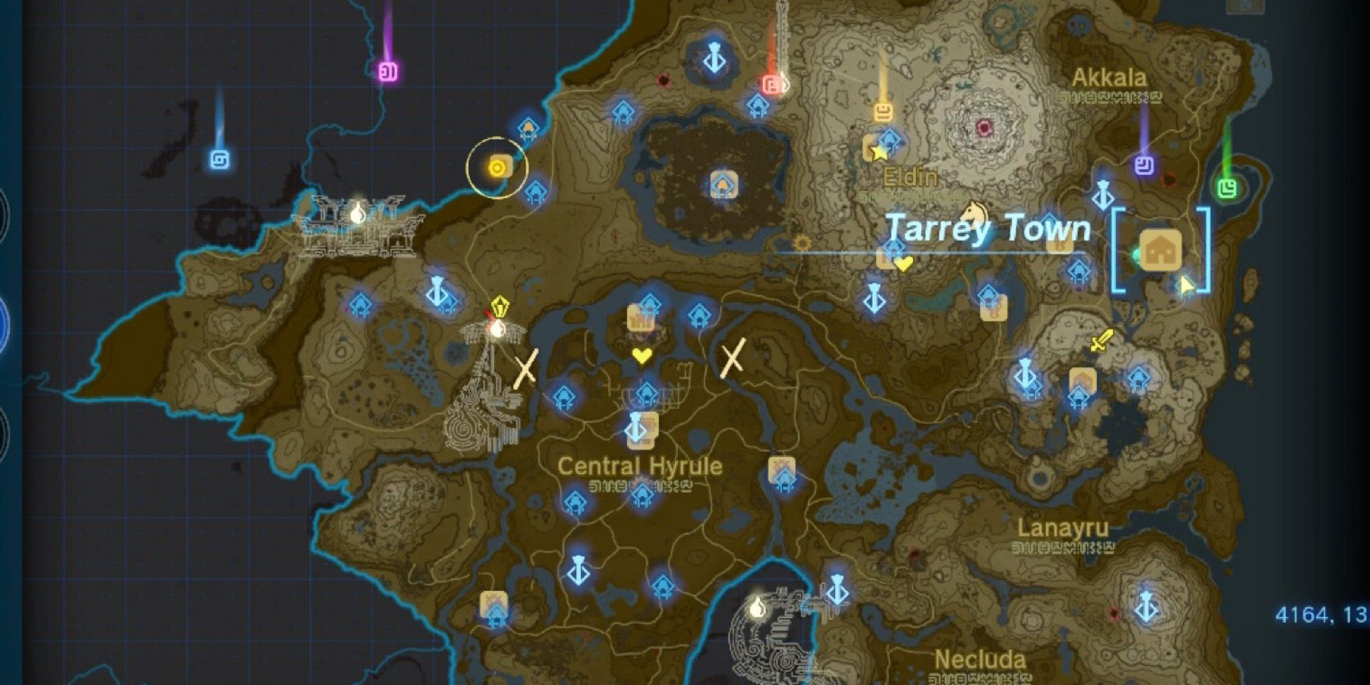 Localização da cidade de Tarrey no mapa de Hyrule em Zelda Tears of the Kingdom