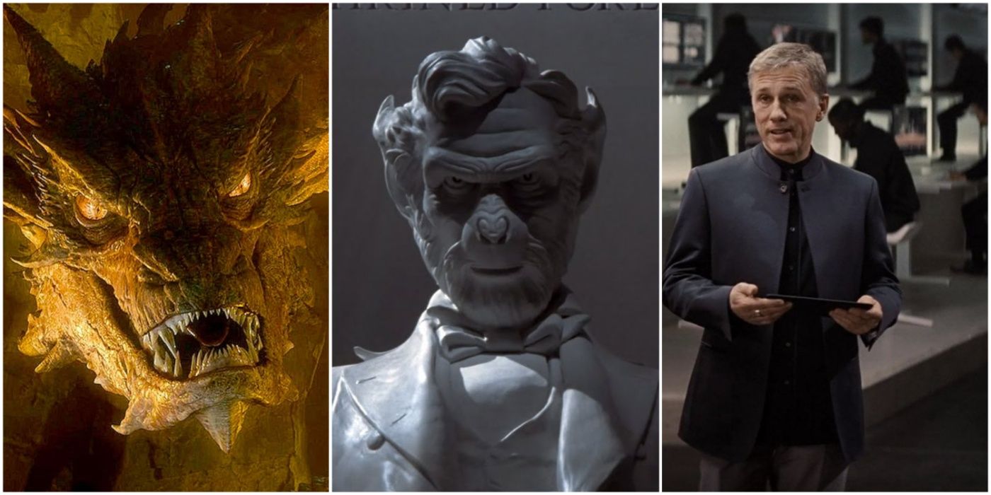 A split image showing Smaug in The Hobbit: The Desolation of Smaug, the Lincoln Memorial in Planet of the Apes 2001, and Blofeld in Spectre James Bond