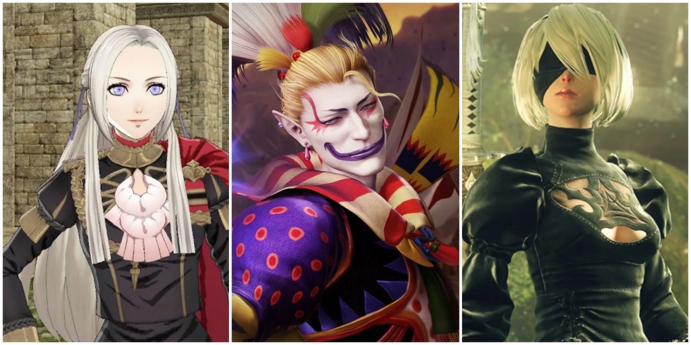 A split image showing Edelgard in Fire Emblem: Three Houses, Kefka in Final Fantasy VI, and 2B in NieR: Automata