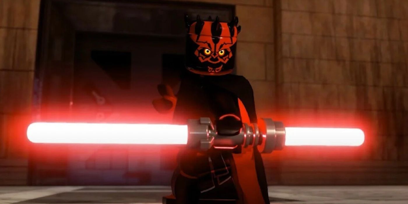 Darth Maul com seu sabre de luz de dois lados em Lego Star Wars: The Skywalker Saga