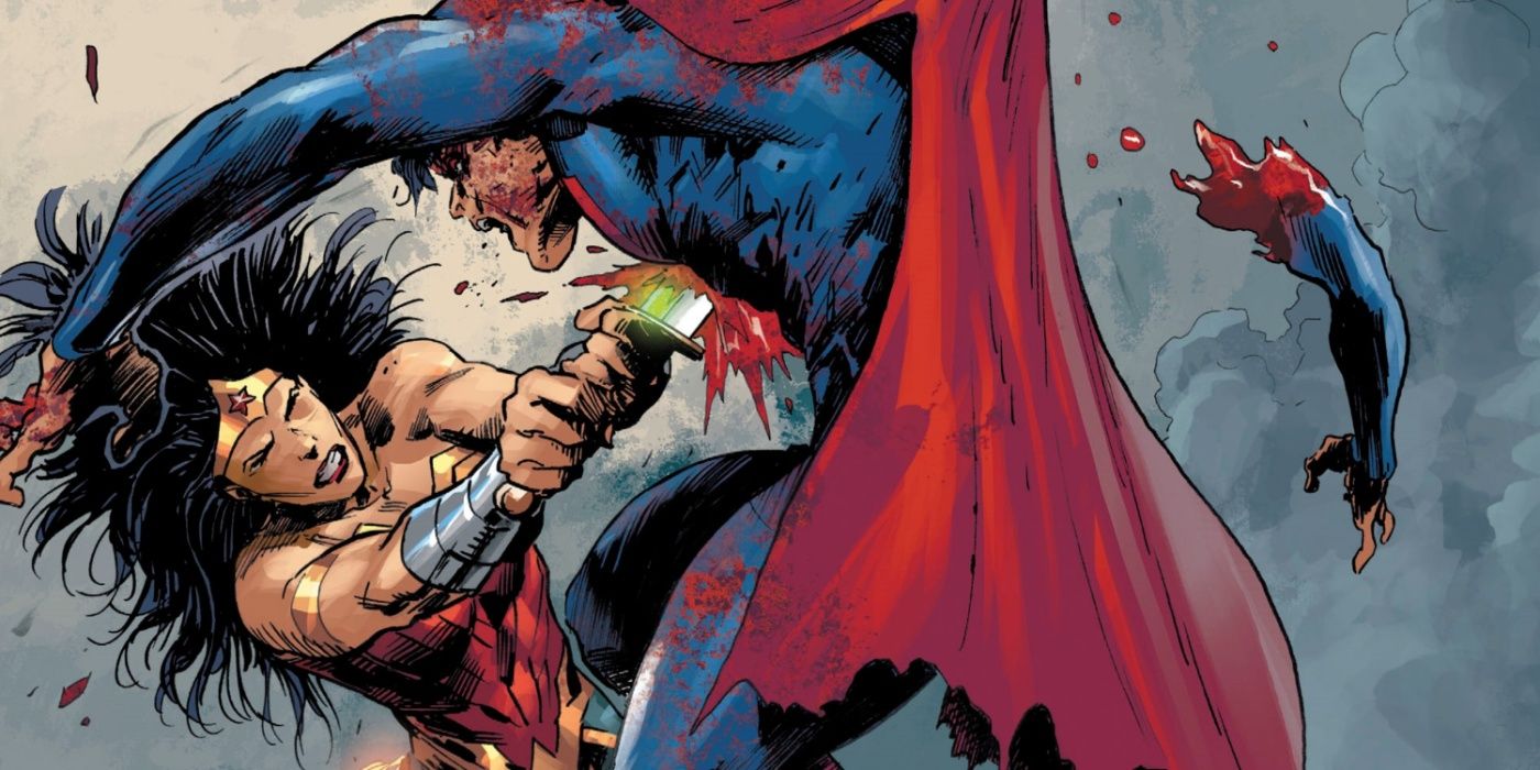 Wonder Woman fighting a zombie Superman using a Kryptonite sword.