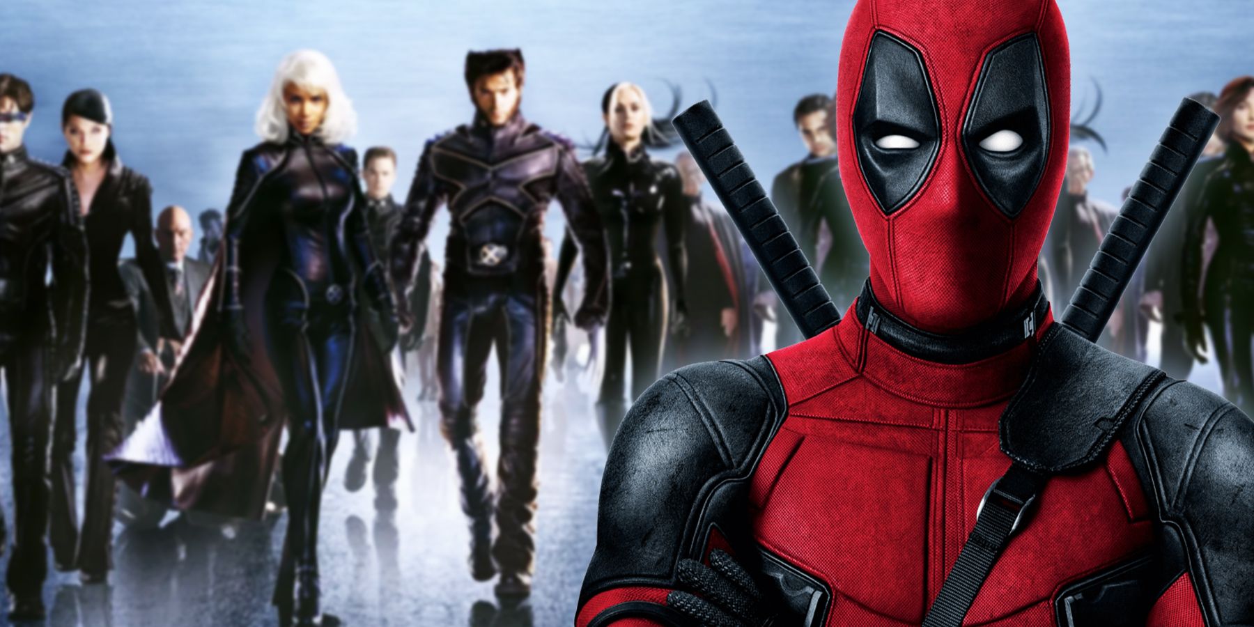 Deadpool in front of the blurry cast of X2: X-Men United