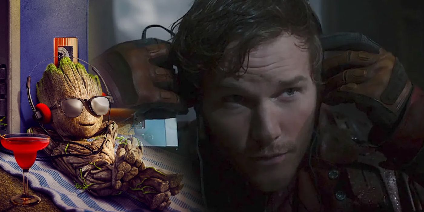 Split image of Groot and Star-Lord listening to music from the MCU