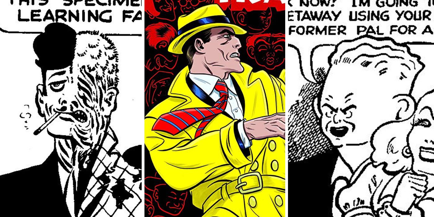 split image: Dick Tracy and villains Little Face and Half and Half in comic strips