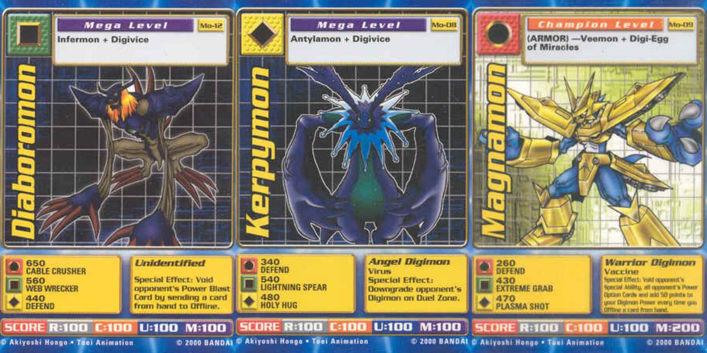 cartões promocionais do filme digimon diaboromon, kerpymon e magnamon