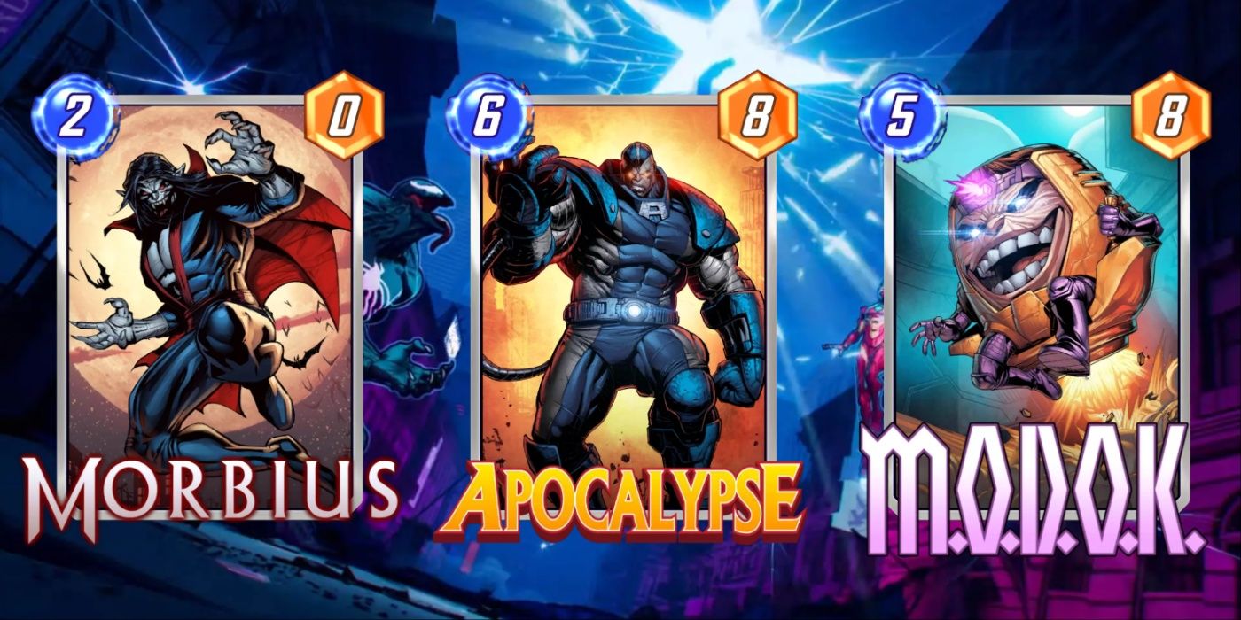 Uma colagem de imagens dos cartões Marvel Snap: Morbius, Apocalypse e MODOK