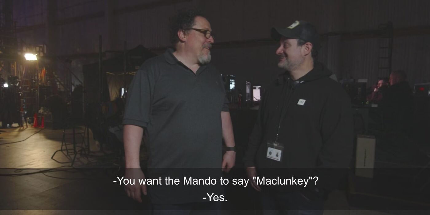 Jon Favreau and Dave Filoni laugh as they discuss including the Maclunkey line in the Mandalorian