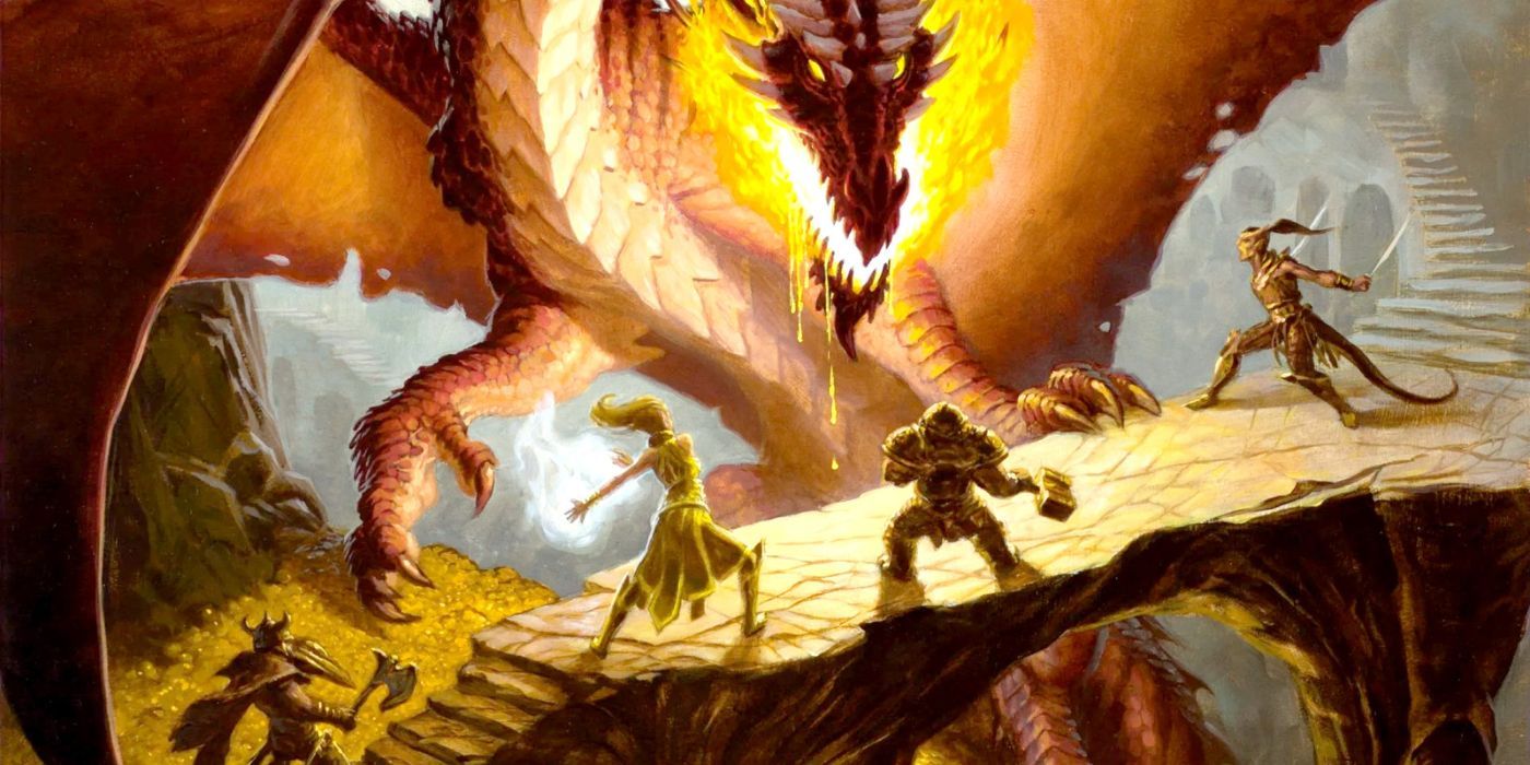 In a game of DnD, a party of four adventurers face down against a red, fire-breathing dragon on a narrow bridge.